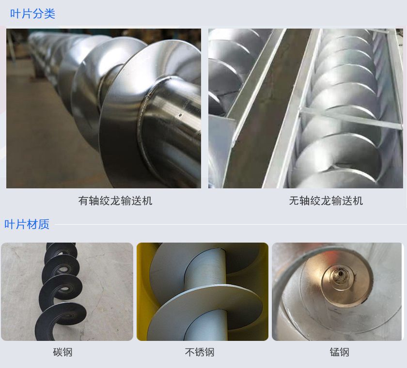 絞龍輸送機分為有軸和無軸絞龍輸送機，可根據(jù)物料不同選擇有碳鋼、不銹鋼、錳鋼等材質(zhì)。